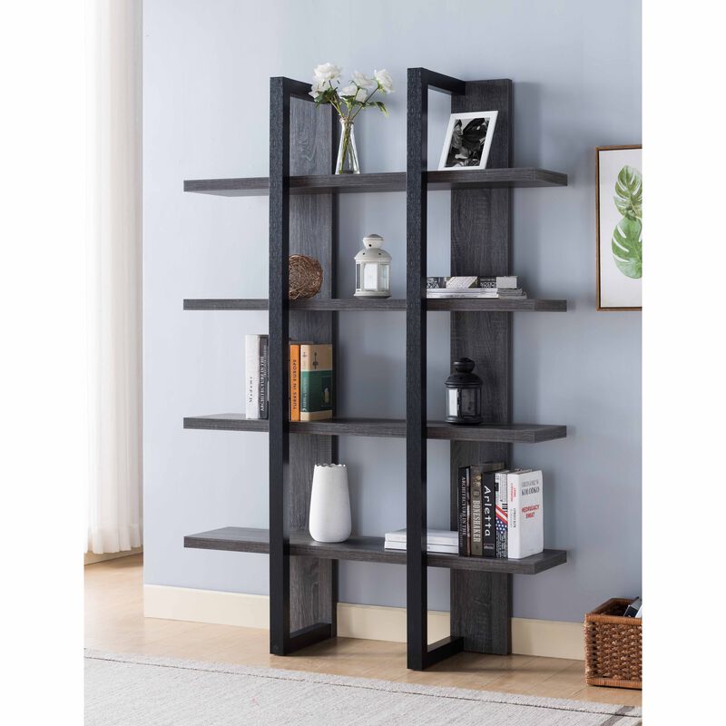Distressed Grey Bookcase with 4 Shelves and 2 Rectangle Design Base image number 2