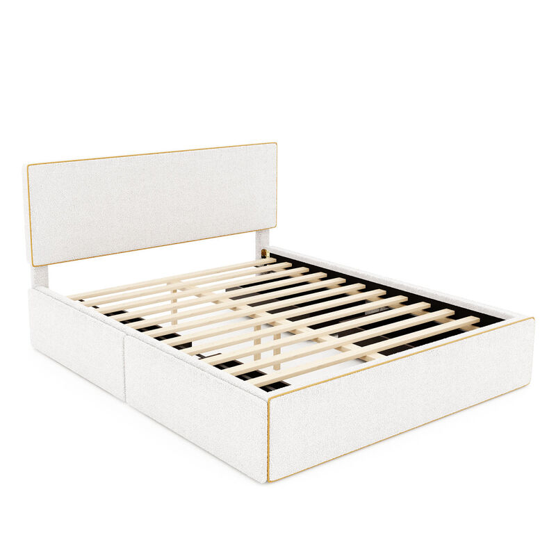 Queen Size Upholstered Platform Bed with 4 Drawers and Golden Edge on the Headboard & Footboard, White