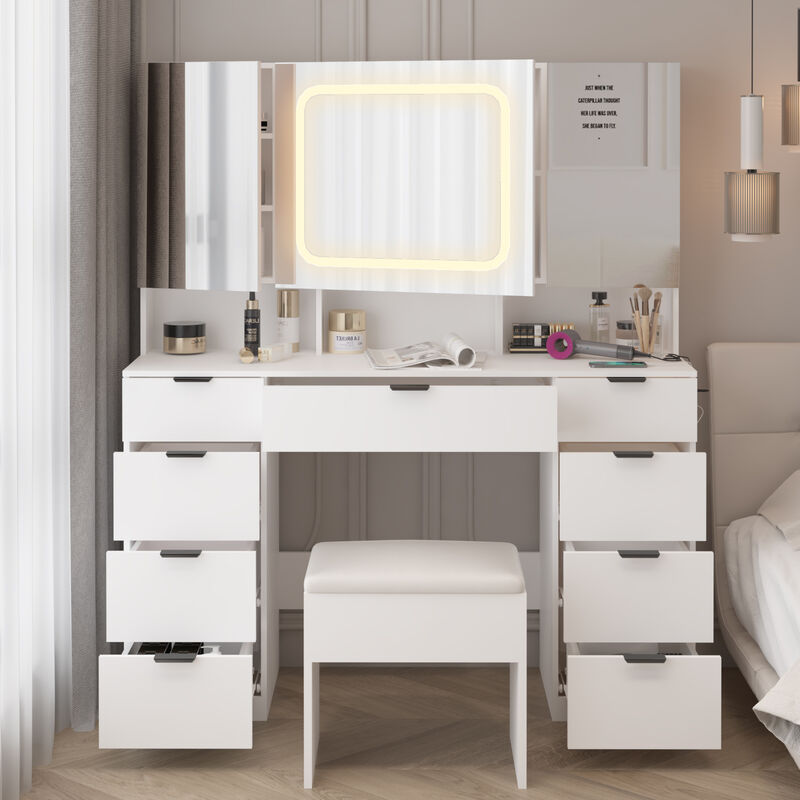 Large Vanity Table Set – Elegant Makeup Desk with Mirror, Lights, and Ample Storage Space