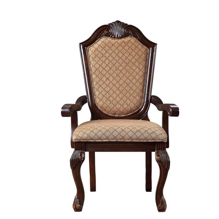 Loki 29 Inch Dining Armchair Set of 2, Beige Fabric, Crown Top Back, Brown  - Benzara