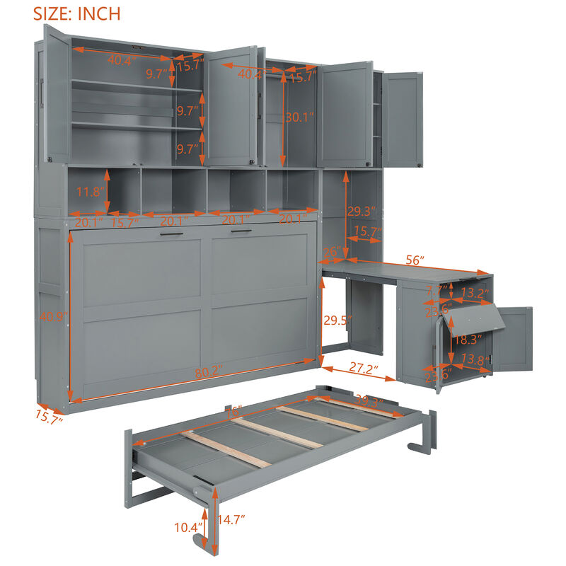 Whisen Modern Design Twin Size Murphy Bed Wall Bed, Folded into a Cabinet with Closet, Drawers and Desk