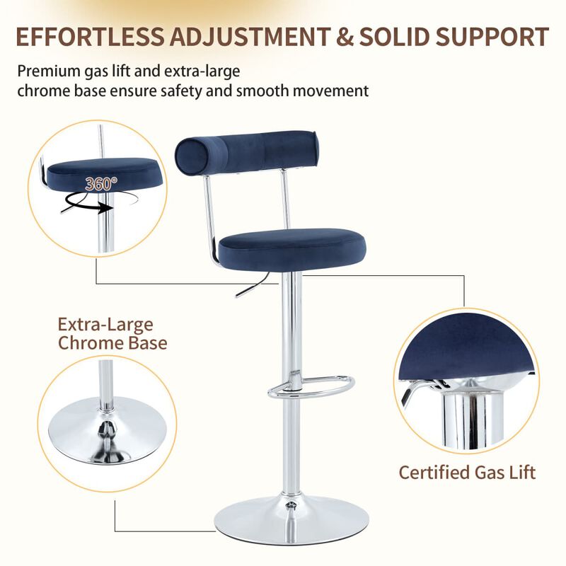 Set of 2 swivel bar stools, velvet upholstered adjustable height bar chair with open back, chrome base counter stools with footrest image number 3