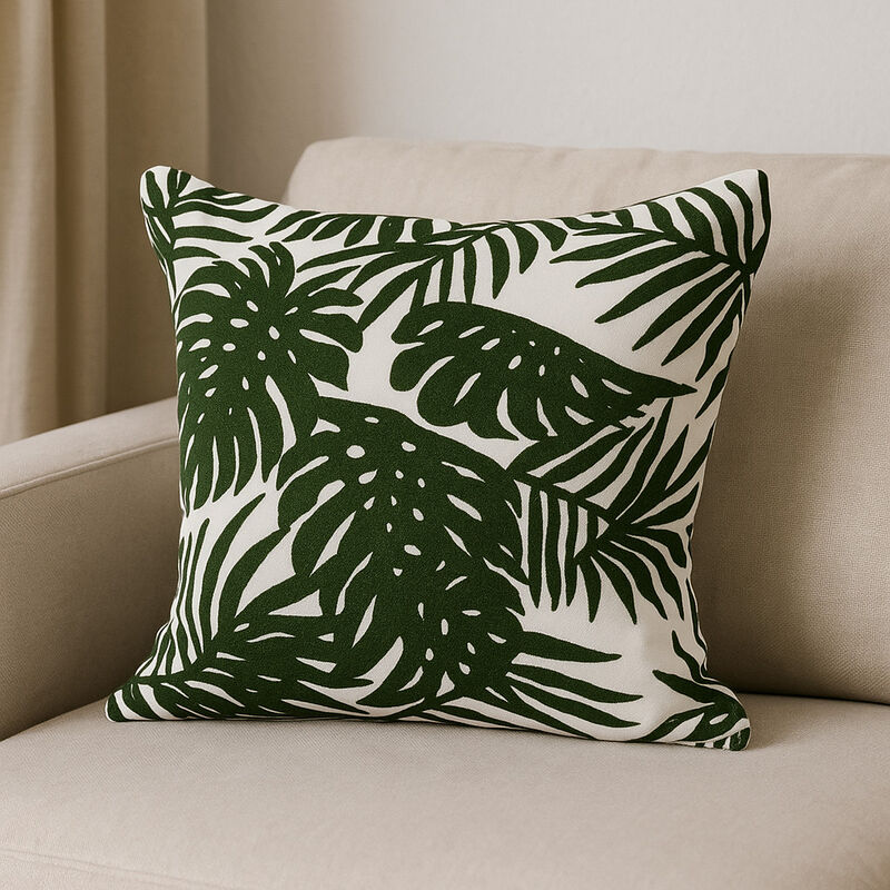 HomeRoots 20" Green And White Tropical Botanical Linen Throw Pillow Cover with Embroidery image number 1
