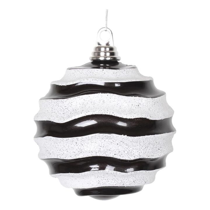Vickerman 8" Christmas Ornament Wave Ball, Black and White Stripe Candy Finish with Glitter Accents, Shatterproof Plastic, Holiday Christmas Tree Decoration