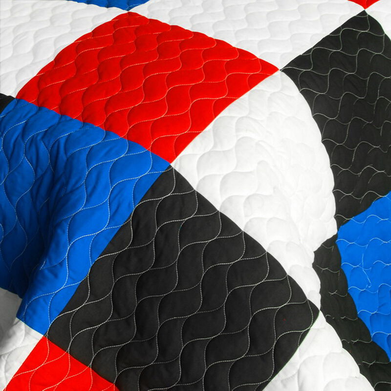 Queen Size Patchwork Quilt Set 3PC, Soft Vermicelli Quilted Bedding-Blue image number 4