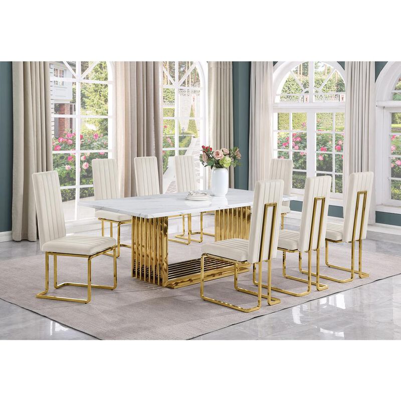 9pc Large(79") marble top dining set with gold base and 8 cream side chairs