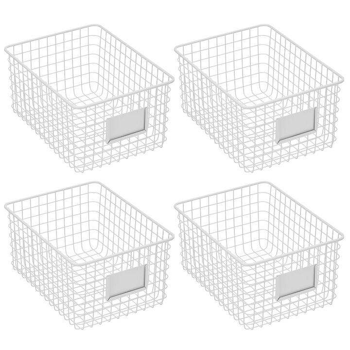 mDesign Large Steel Kitchen Organizer Basket with Label Slot, 4 Pack - White