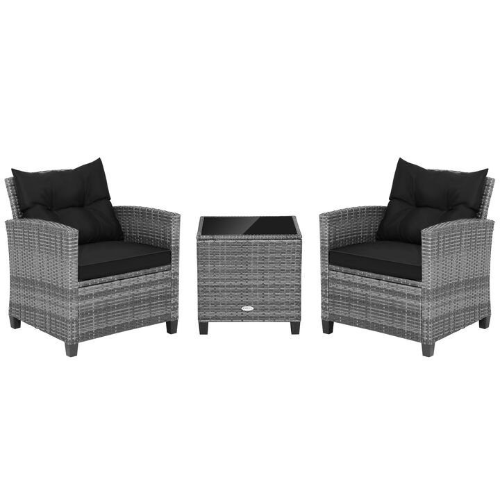 3 Pieces Outdoor Wicker Conversation Set with Tempered Glass Tabletop