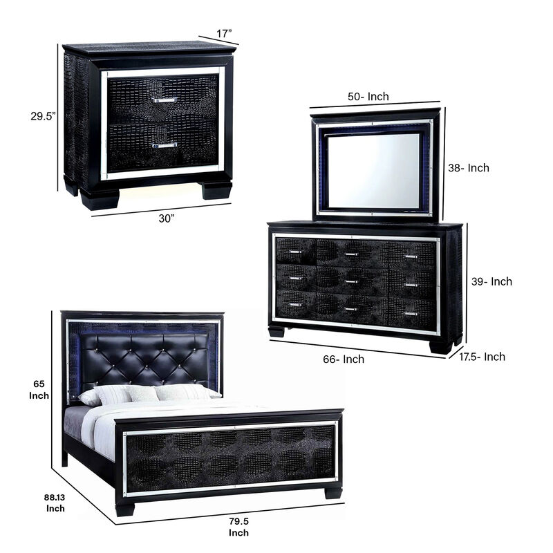 Kae 4 Piece King Bedroom Set, LED and Mirror Trim, Textured, Black - Benzara