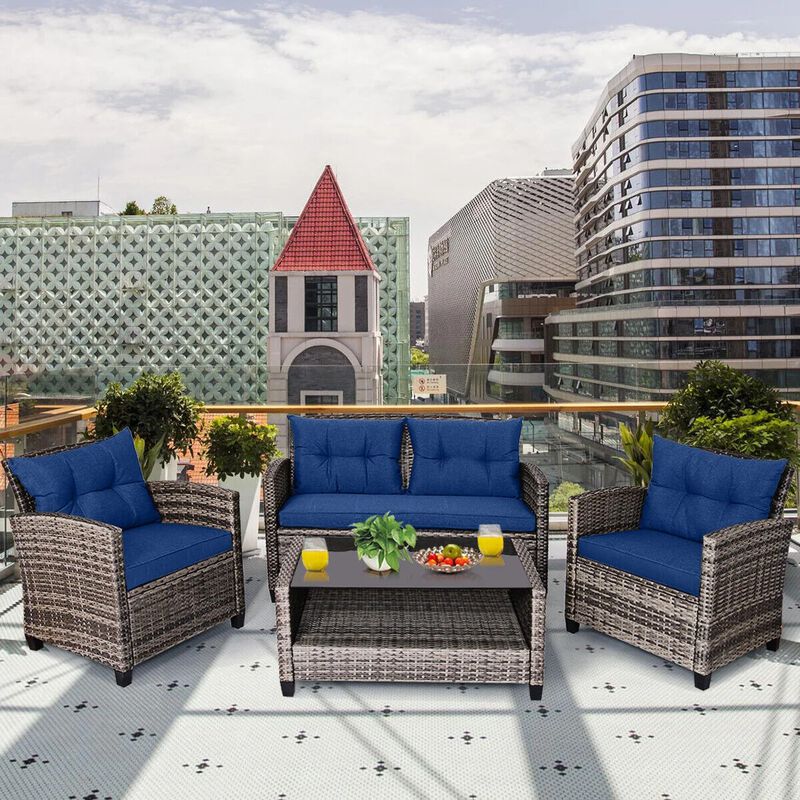 Mondawe 4 Pieces Patio Rattan Furniture Set with Coffee Table and Cushioned Sofa