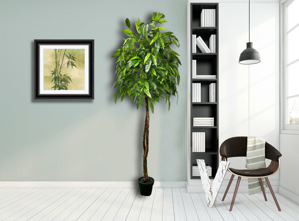 Handmade 6' Artificial Jungle Leaf Tree In Home Basics Plastic Pot Made with Real Wood and Moss Accents