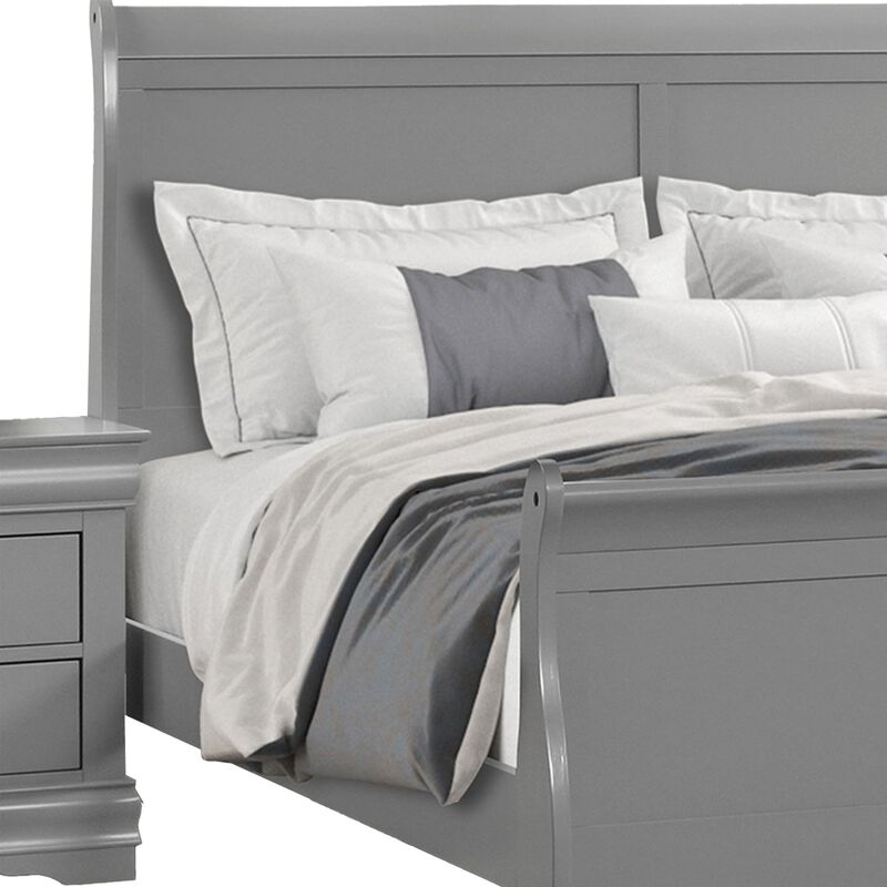 Ryla Queen Size Bed, Sleigh Panel Headboard, Classic Light Gray Solid Wood - Benzara