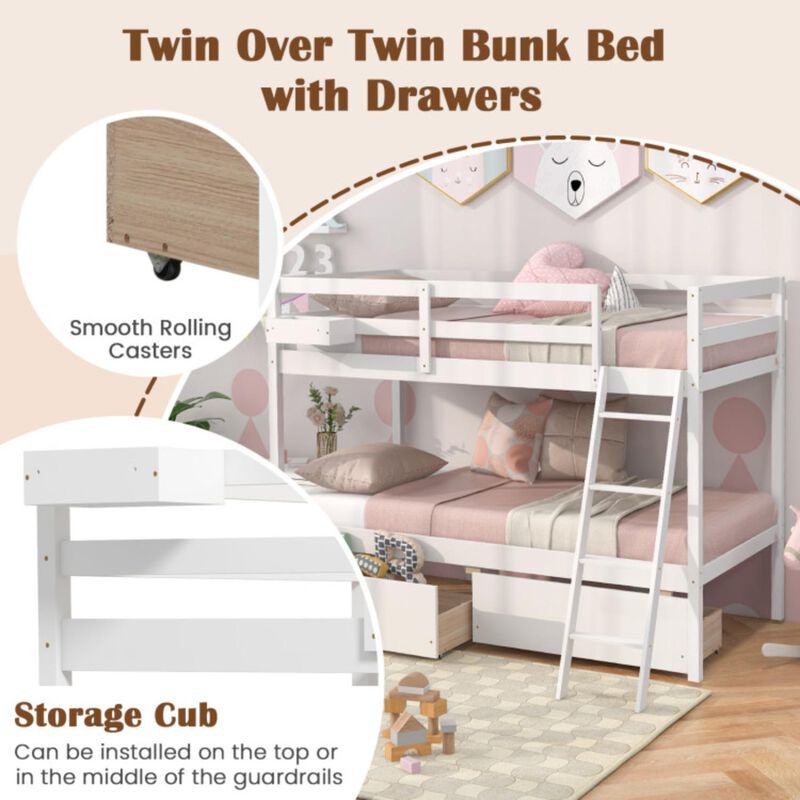 Hivvago Twin Over Twin Bunk Bed Wood Bed Frame with 2 Storage Drawers and Ladder