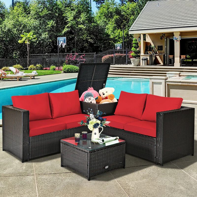 Mondawe 4 Pieces Outdoor Patio Rattan Furniture Set with Loveseat and Storage Box