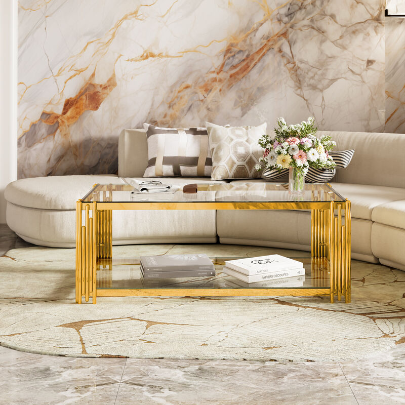 Merax Modern Black Mirror Coffee Table - Gold Asymmetrical Metal Frame with Lower Shelf image number 4
