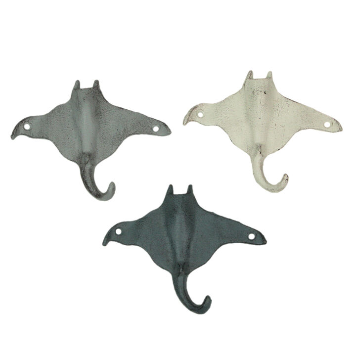 Set of 3 Cast Iron Stingray Wall Hooks 6.25 Inches Long&ndash; Easy to Hang - Blue ,Gray, White - Coastal Decor Perfection for Beach Towels, Keys or Coats