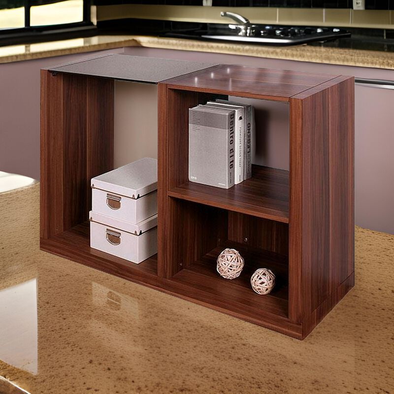 Bere 47 Inch Sofa Table with Black Glass Top, Open Shelves, Brown Wood