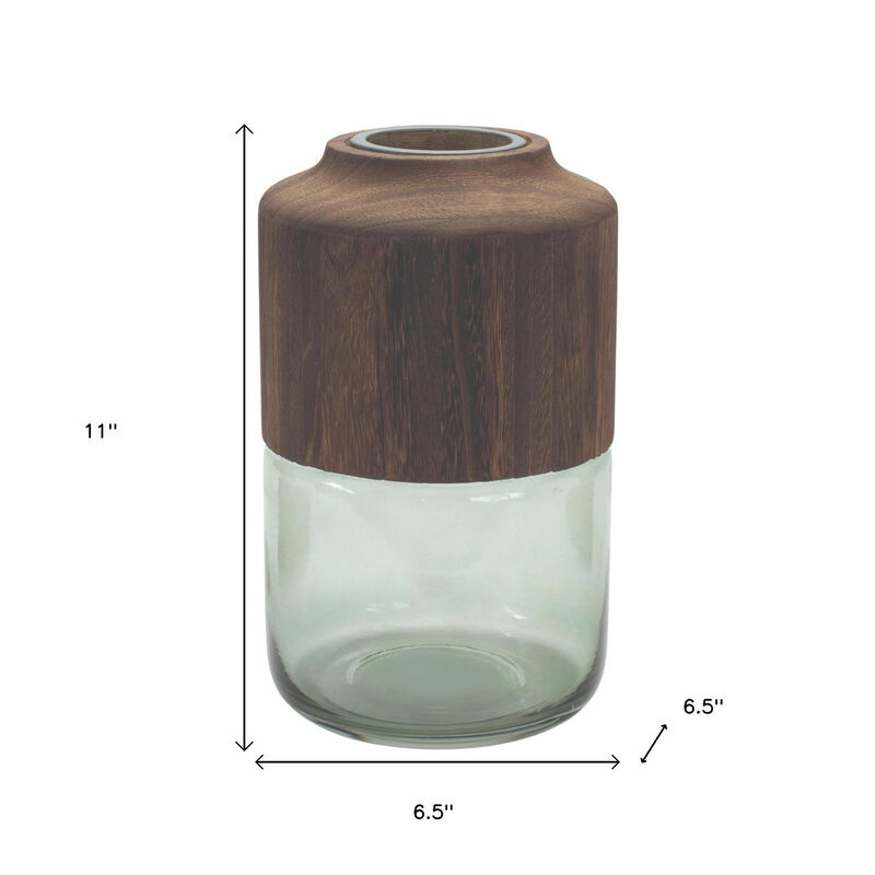 HomeRoots 11" Brown And Sage Glass Round Table Vase With Wood image number 3