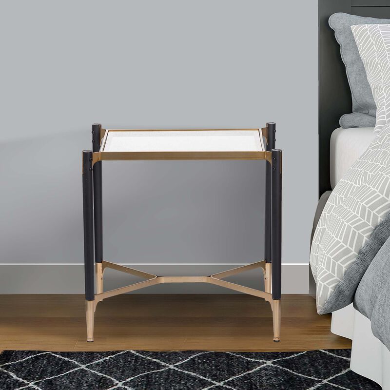 24 Inch Accent Side Table, Iron Frame, Glass Top, Modern, Gold, Black