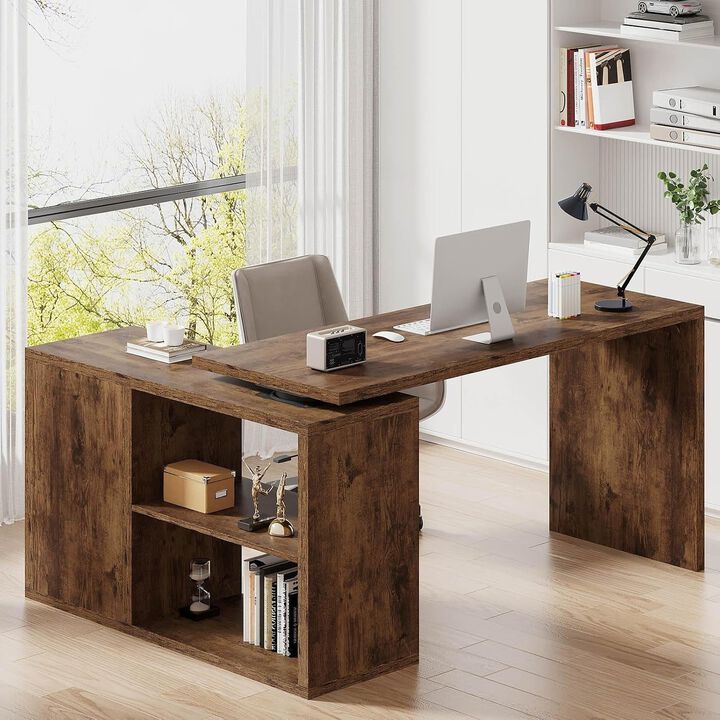 Top True Wood L-Shaped Corner Desk with Open Shelves for Home Office