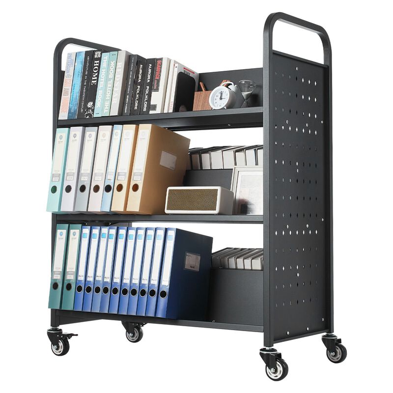Single-Sided Rolling Book Cart with Lockable Wheels, Library Shelf for School & Office image number 8