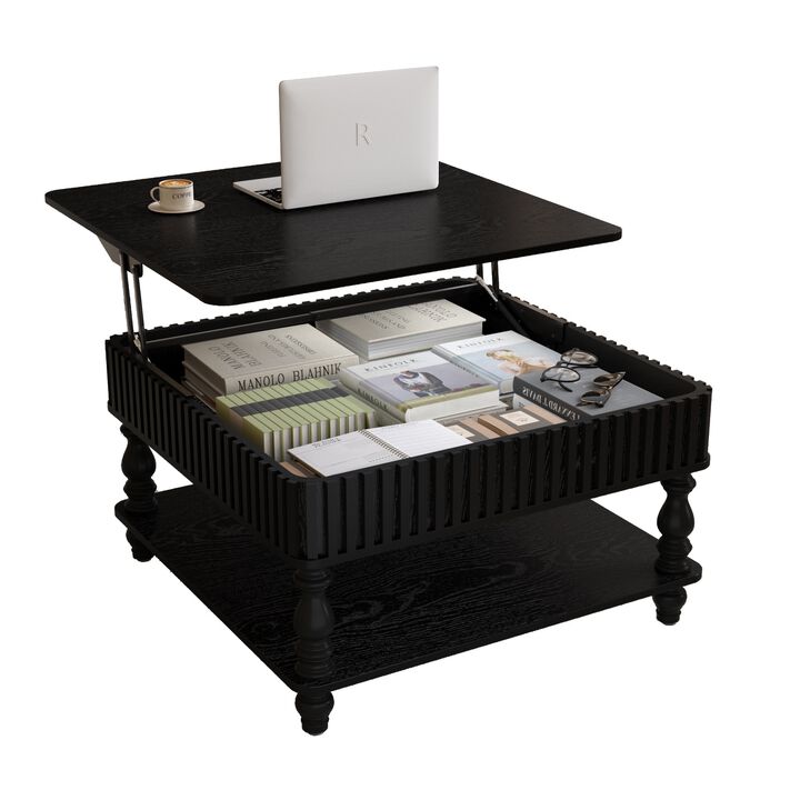 31.5 Inch Modern Square Lift-Top Coffee Table with Hidden Storage Tray, Fluted Wood Design, Wooden Living Room Center Table