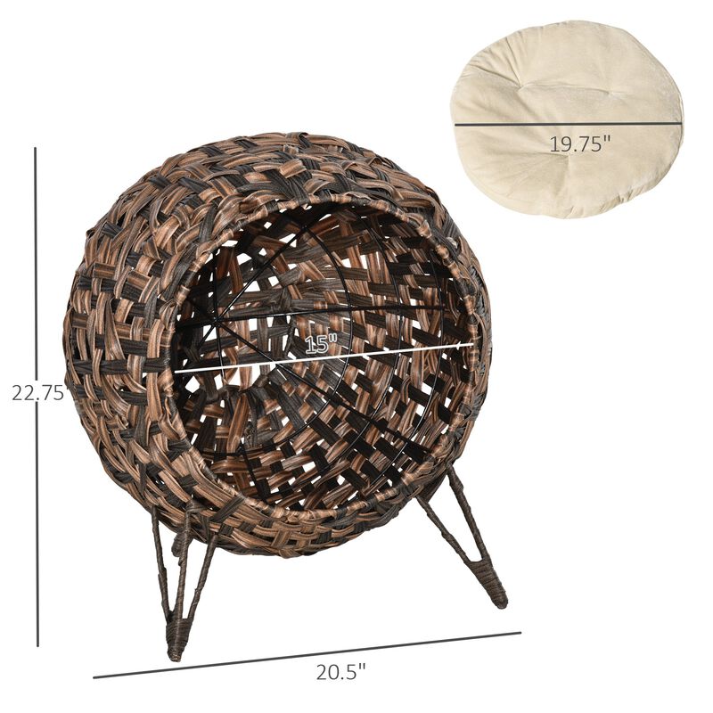 20.5" Woven Rattan Wicker Elevated Cat Bed House Kitten Basket Ball Shaped Pet Furniture with Cushion PP Cotton Brown