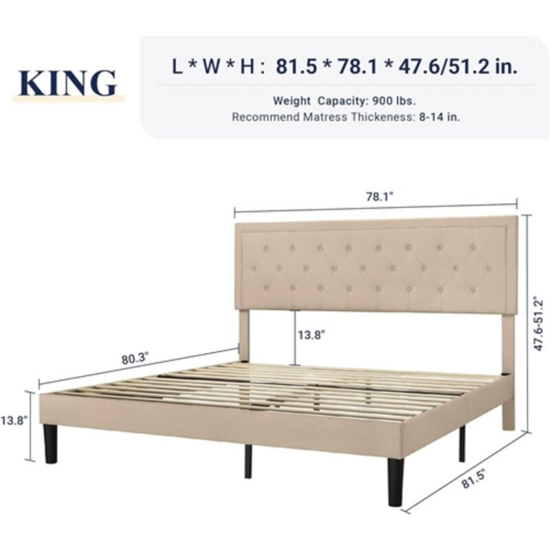 Button Tufted Linen Upholstered Platform Bed Frame Modern Style with Soft Headboard