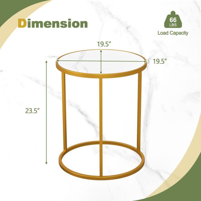 Hivvago 16 Inch Marble Top Round Side Table with Golden Metal Frame for Living Room Bedroom- 2 Pieces