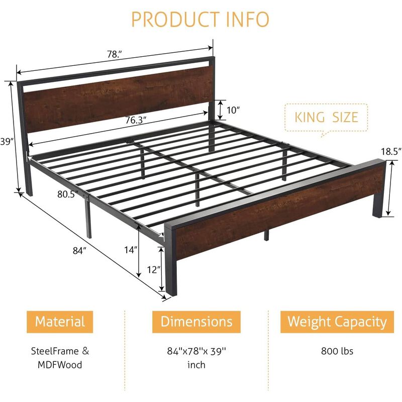 Hivvago King Metal Platform Bed Frame with Mahogany Wood Panel Headboard Footboard