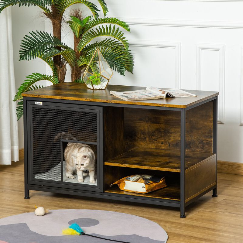 Rustic Brown Pet House: Cat Kennel End Table with Sliding Doors image number 1