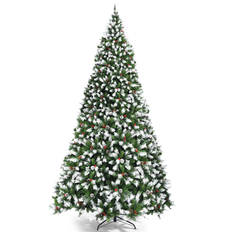 Pre-lit Snow Flocked Christmas Tree with Red Berries and LED Lights