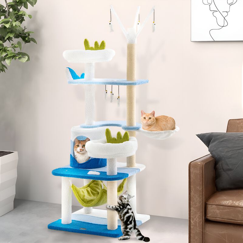 Multi-level Cat Tower with Sisal Covered Scratching Posts-Blue