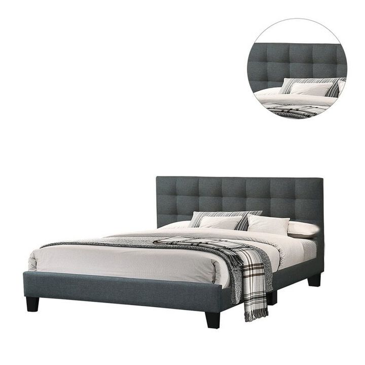 Dex Modern Platform Queen Size Bed, Plush Tufted Upholstery, Charcoal Gray - Benzara