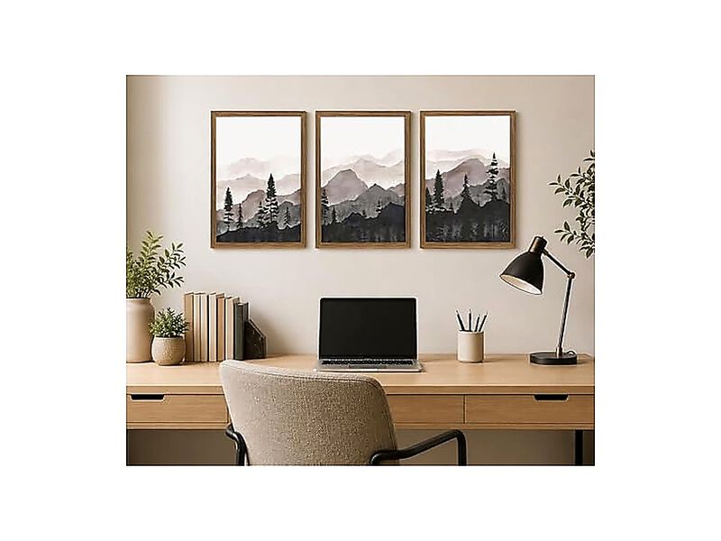 Framed Mountain Wall Art Set 3 Forest Landscape Canvas Modern Nature Decor Wood image number 2