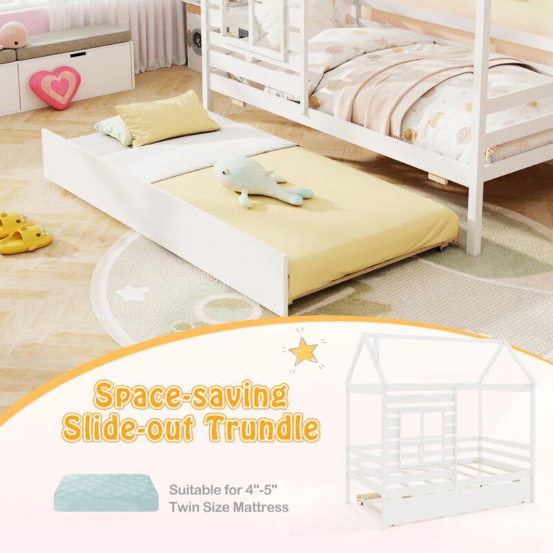 Hivvago Twin Size Wooden Platform House Bed with Trundle and Roof