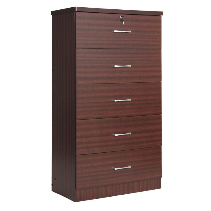 Better Home Products Olivia Wooden Tall 5 Drawer Chest Bedroom Dresser Mahogany