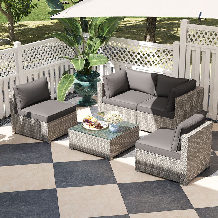 5-Piece Outdoor Patio Sectional Sofa Couch and Glass Coffee Table with Cushions