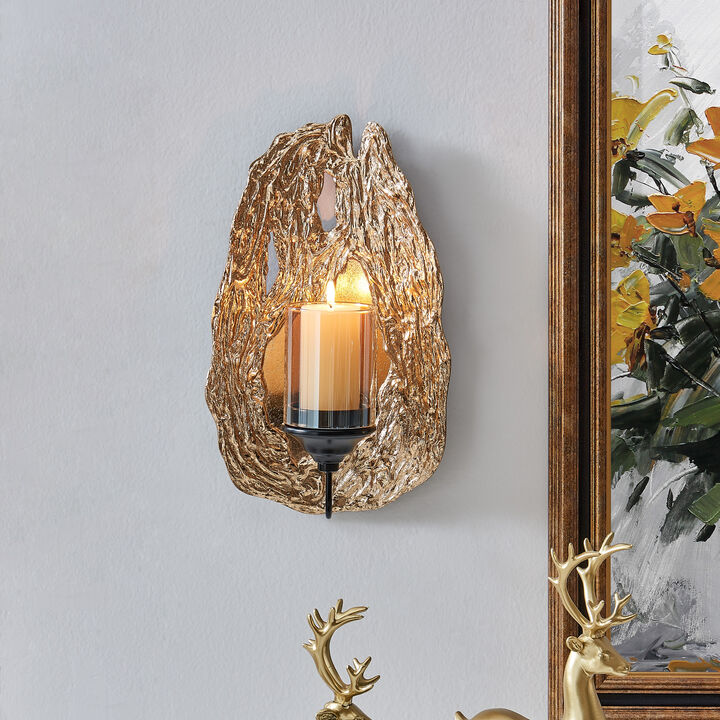 Vivien 14" Abstract Gold Wall Candle Sconce with Glass Hurricane