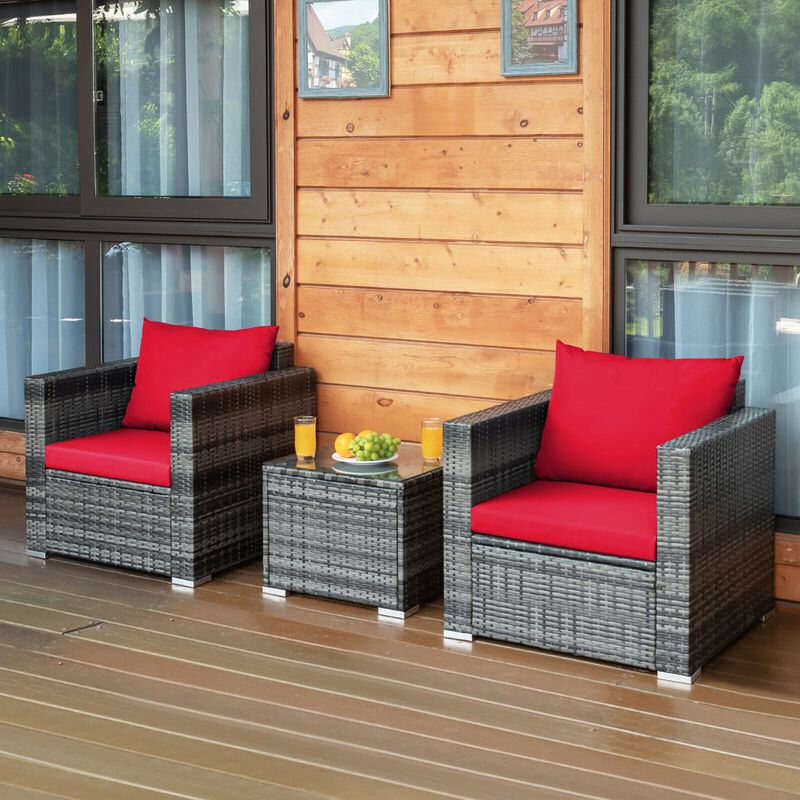 3 Pcs Patio Rattan Furniture Bistro Sofa Set with Cushioned
