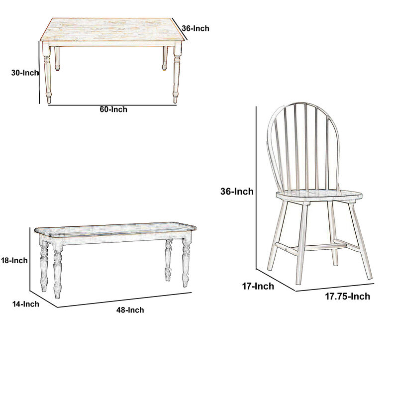 6 Piece Farmhouse Wooden Dining Set, White and Brown - Benzara