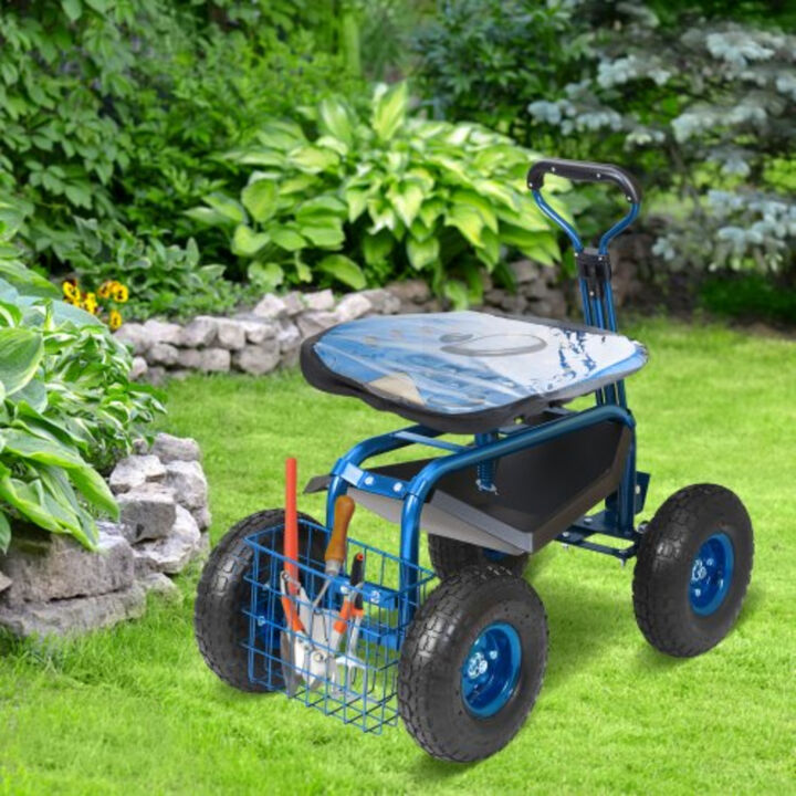Rolling Yard Cart with Swivel Seat – Garden Workseat with Wheels, Steering Handle & Tool Tray for Lawn and Planting