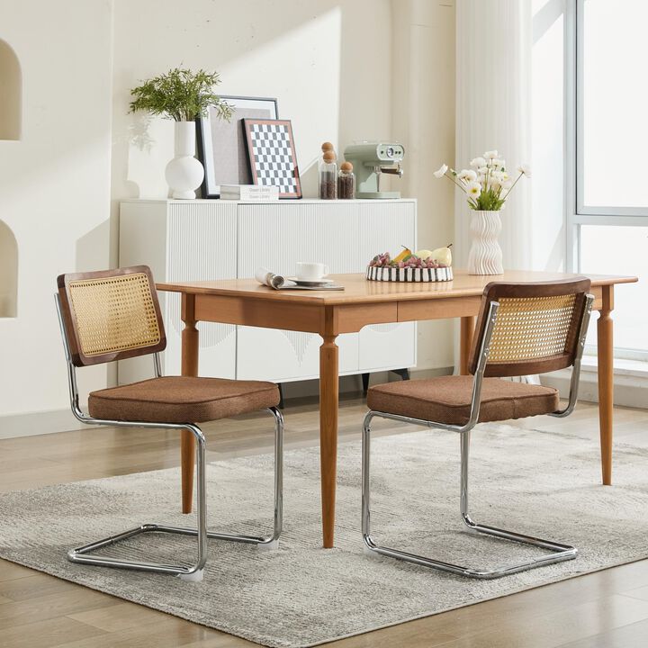 GOODSILO Mid-Century Modern Cantilever Dining Chairs with Velvet Upholstery and Hand-Woven Rattan Backs for Contemporary Kitchen Seating
