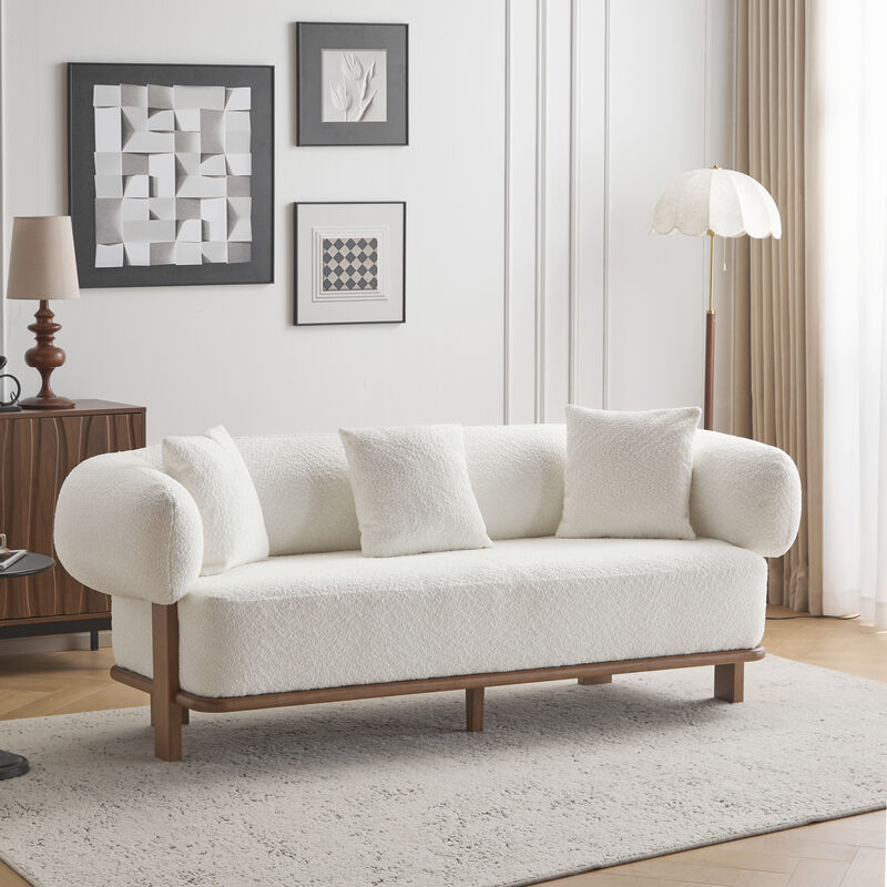 Christopher Knight Home Tadg 82" Rubberwood Boucle Upholstered 3 Seater Curved Sofa with 3 Pillows and Round Arm