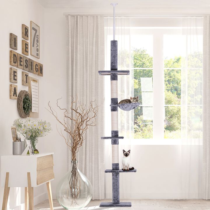 Floor To Ceiling Cat Tree 8.5' Adjustable Height Vertical Cat Tree With 5 Carpeted Platforms & 3 Sisal Rope Scratching Areas Grey