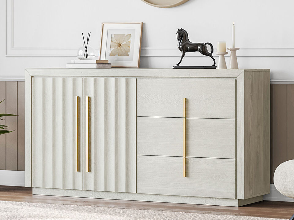 BELLEZE Sideboard Buffet Cabinet, 64.5" Modern Console Table with 3 Drawers and 2 Fluted Doors, Entryway Accent Storage Cabinet, Adjustable Shelves, Dining Room Living Room, White Sand