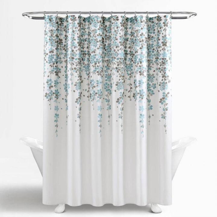 Hivvago 72-inch White Blue Grey Floral Flowers Shower Curtain
