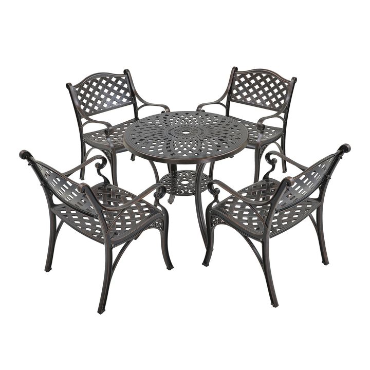 MONDAWE 5-Piece Cast Aluminum Outdoor Dining Set, Piece Chair and Round Table with Umbrella Hole