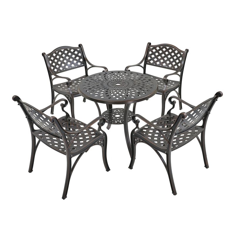 MONDAWE 5-Piece Cast Aluminum Outdoor Dining Set, Piece Chair and Round Table with Umbrella Hole