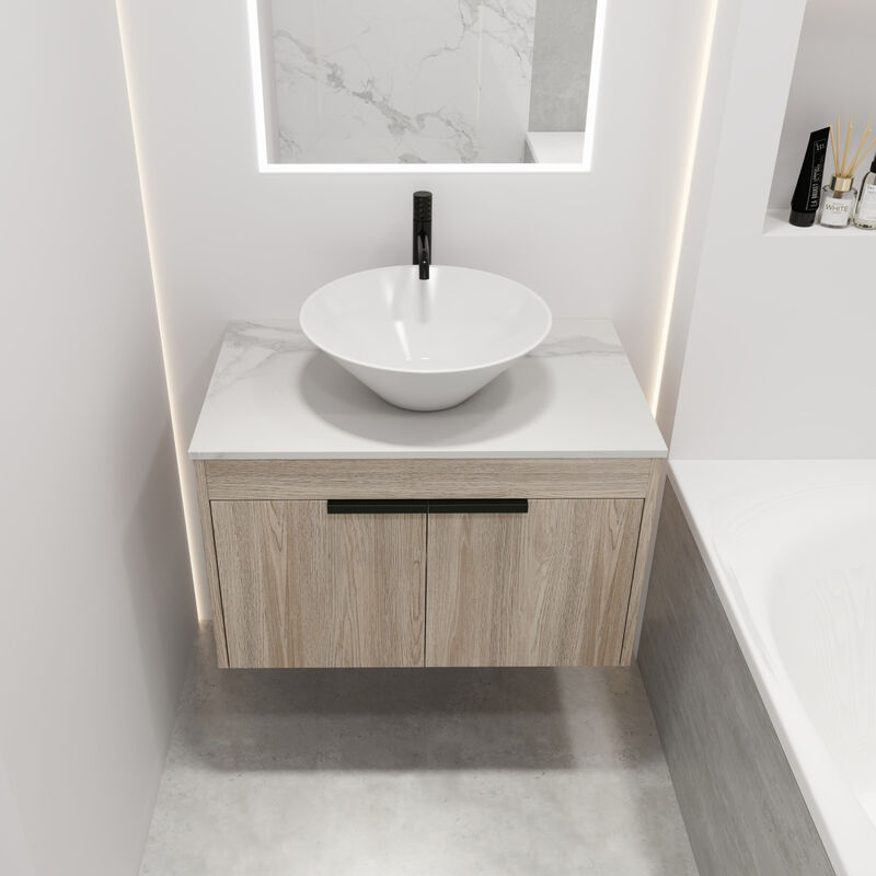 30" Modern Design Float Bathroom Vanity With Ceramic Basin Set, Wall Mounted White Oak Vanity With Soft Close Door, KD-Packing, KD-Packing,2 Pieces Parcel(TOP-BAB217MOWH)